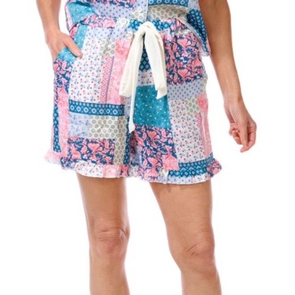 Simply Southern Patchwork Floral Ruffle Lounge Shorts Pink Blue Large